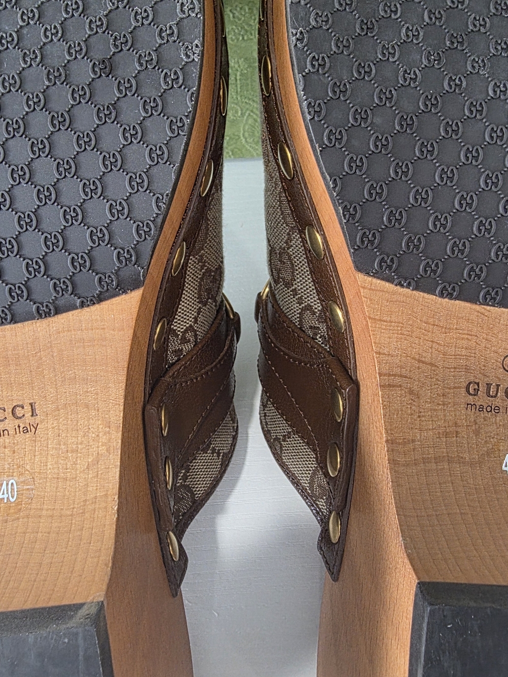 Gucci Beige & Brown GG Canvas Studded Clog - Picture 10 of 16